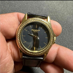 Penatech Mens Quartz Watch Gold Tone Black Dial Black Leather Band Working